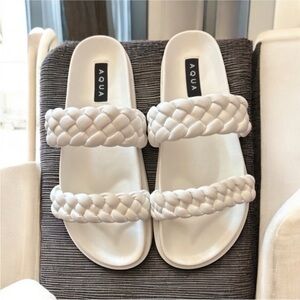 Aqua White Braided Double-Strap Slide Sandals